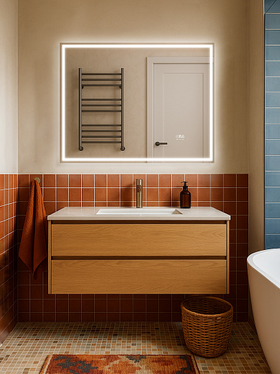 Зеркало для ванной 90х70 Аврора Monterey c подсветкой, термообогревом, часами, сенсор на взмах