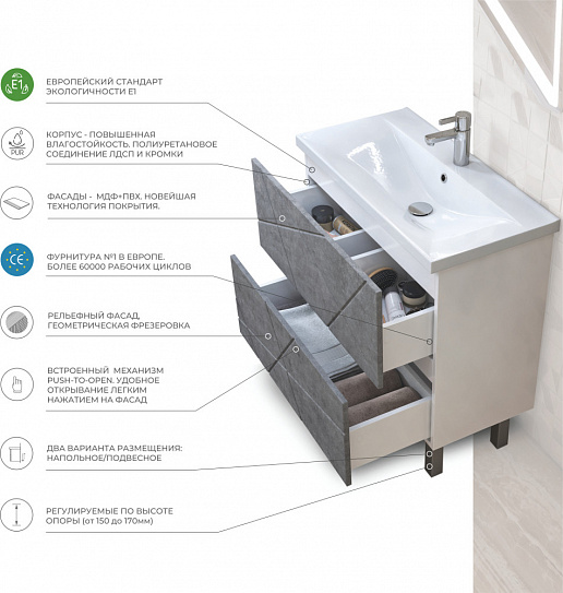 Тумба напольная Vigo Geometry 600-0-2 (под ум Фостер) tn.bsf.GEO.FOS.60.2Y бетон