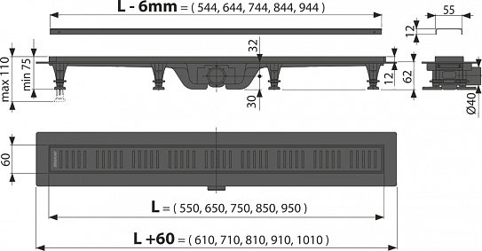 Водоотводящий желоб с порогами для перфорированной решетки AlcaPlast APZ10BLACK-750M, черный-мат