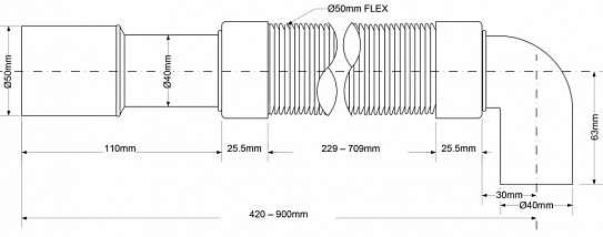 Труба гофрированная раздвижная под углом 90° (L430-1000мм, D50мм)  McAlpine MRMF2E90