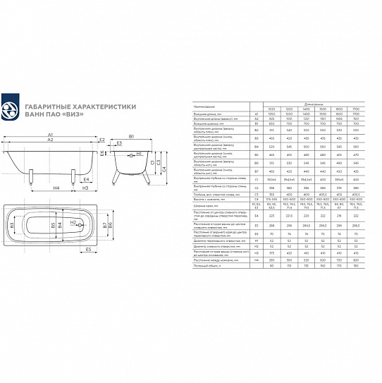 Ванна стальная 170х70 REIMAR с полимерным покрытием, с опорной подставкой R-76901