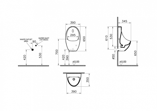 Писсуар безободковый сенсорный Vitra Arkitekt питание от батарейки 5999B003-5555
