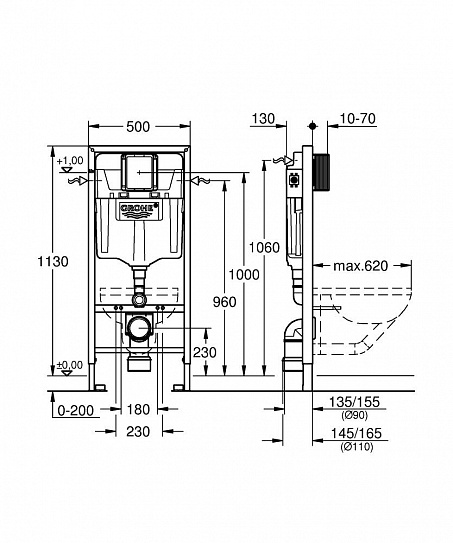 Инсталляция для унитаза GROHE Rapid SL 3 в 1  с панелью смыва Arena Cosmopolitan овальная кнопка хром 39702000H