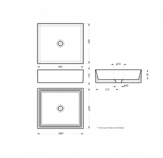 Раковина накладная 40 Sanita Luxe Novel Slim 40 прямоугольная 40х35