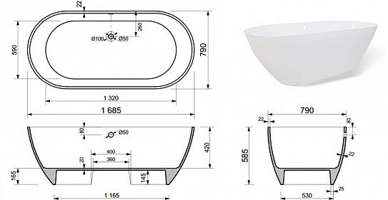 Ванна отдельностоящая 168х79 Эстет Майами литьевой мрамор