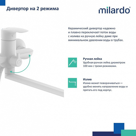 Смеситель для ванны с длинными изливом Milardo Rora RORWT00M10, белый матовый