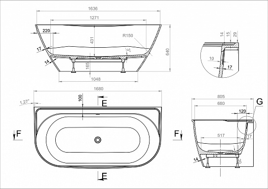 Ванна из литьевого мрамора Палермо 170х80 BAS ВА00024
