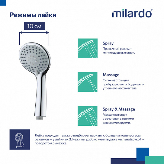 Лейка для душа 3 режима Milardo 3F Essential 3803F10M18