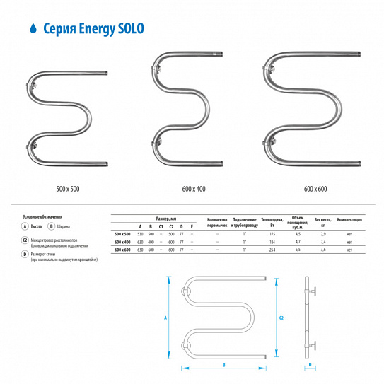 Полотенцесушитель водный Energy Solo 500x500 EWTR0SOLO0505000000