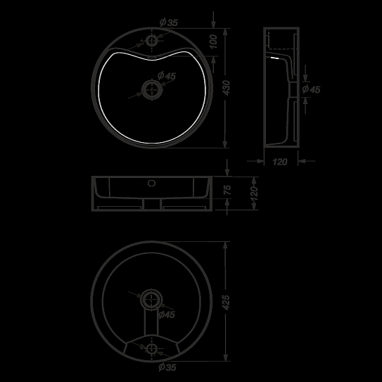 Раковина накладная 43 см круглая Sanita Luxe Best Shelf 43 BST43SLWB01SH  с отверстием под смеситель