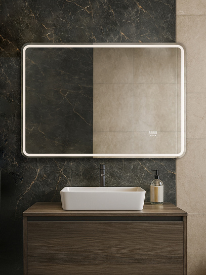 Зеркало 100х70 Аврора Люкс Monterey с подсветкой, термообогревом, часами с термометром и сенсором на взмах