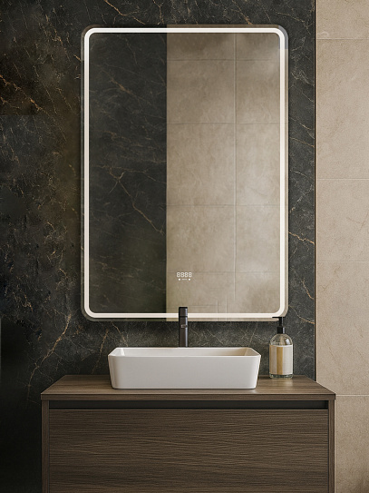 Зеркало для ванны 70х100 Аврора Люкс Monterey с подсветкой, термообогревом, часами, сенсор на взмах