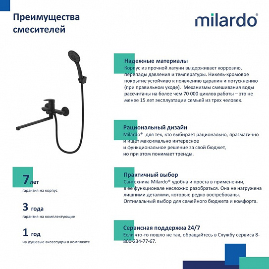 Смеситель для ванны с длинными изливом Milardo Rora RORBL00M10, черный матовый