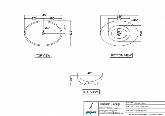 Раковина накладная Jaquar JDS-WHT-25901 63х42.5х16 