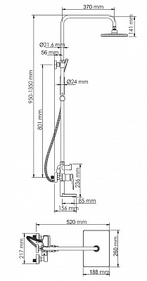 WK Душевая система A15501 со смесителем (3-фун. лейка,верхн.душ d260*188мм,шланг1,5м PVD-мат.золото)
