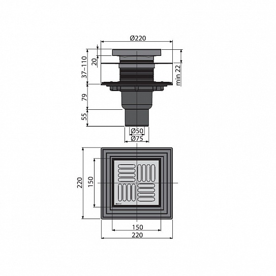Сливной трап для душа AlcaPlast APV4444 150 x 150/50/75 выпуск прямой