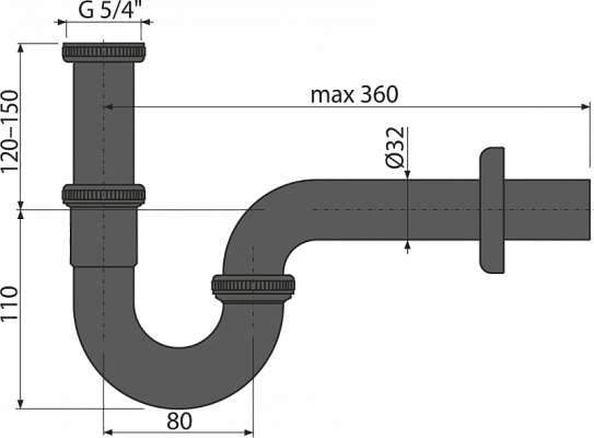 Сифон AlcaPlast A4320BLACK для умывальника DN32, U-форма с накидной 5/4", черный-мат