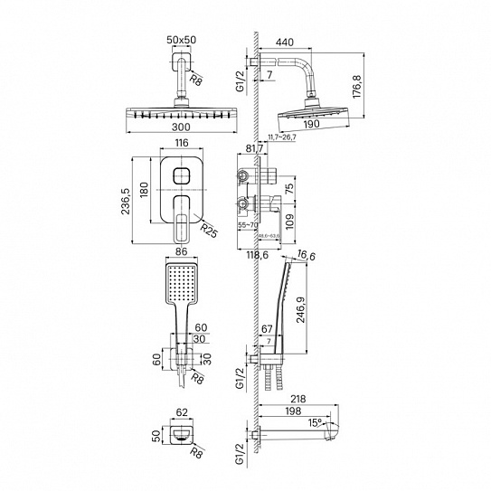 Душевая система с тропическим душем Iddis Slide SLIBL03i68