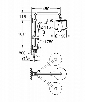 Душевая система Grohe Power & Soul с переключателем для настенного монтажа, кронштейн 450 мм