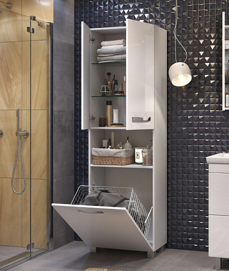 Шкаф пенал для ванной напольный 60 см  Vigo Plaza 60 (pn.PLA.60) белый, с корзиной для белья