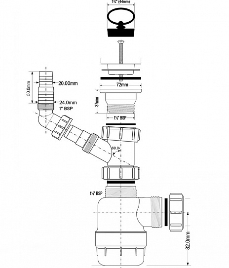 Сифон для раковины 1 1/2 McALPINE MRSK3 с отводом для стиральной машины