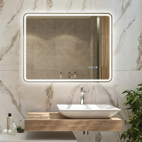 Зеркало в ванную с подсветкой и подогревом Monterey Аделия Люкс 90x70 (холодный свет, мультиблок, на касание)