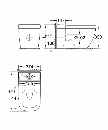 Унитаз пристенный GROHE Euro Ceramic 39338000 универсальный выпуск, 2 ч., без бачка, без сиденья